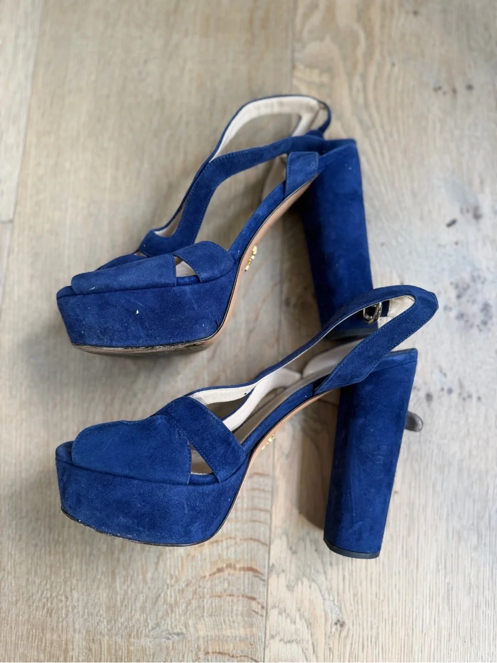 PRADA Platform Suede Block Heel Sandals - Navy